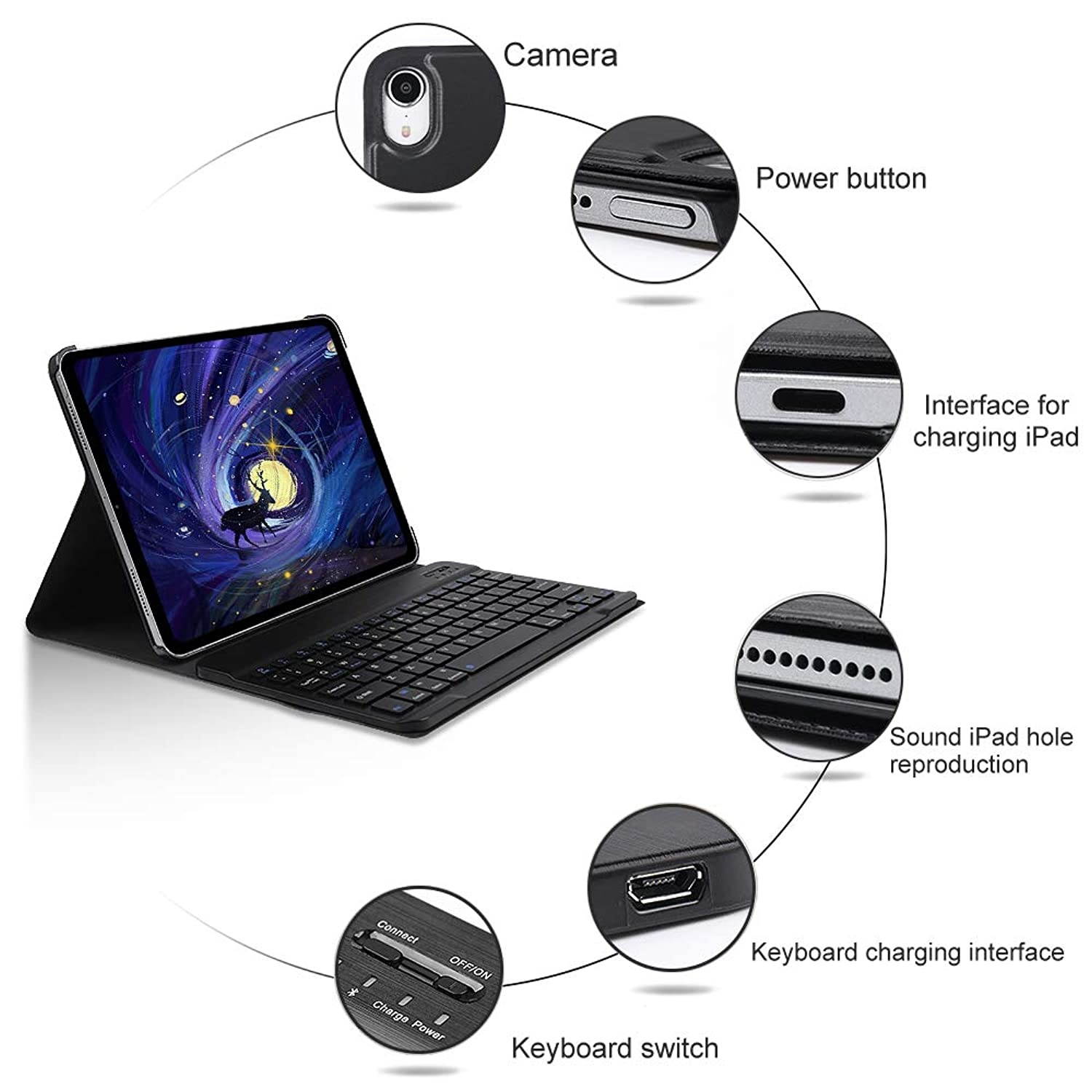 OYOSUOGG iPad Pro 11 Case with Keyboard 2018 - Lightweight - Auto Sleep/Wake - Slim Folio Smart Cover - Apple iPad Pro 11 2018 Leather Case with Magnet Detachable Wireless/BT Keyboard (Black)