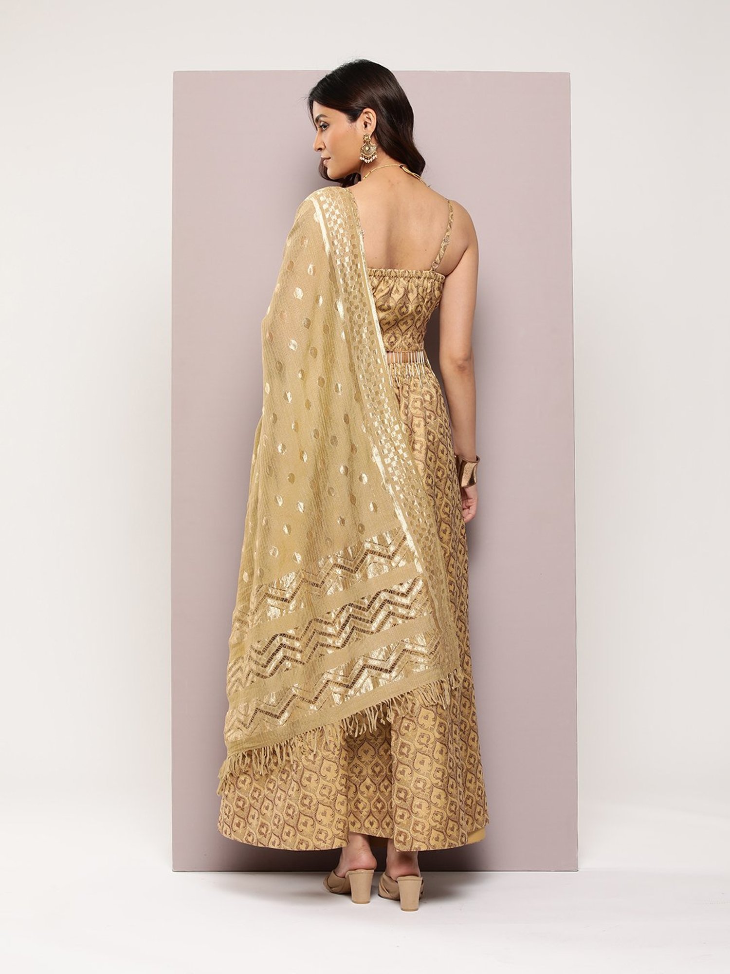 Jompers Gold Woven Lehenga Choli Set With Dupatta