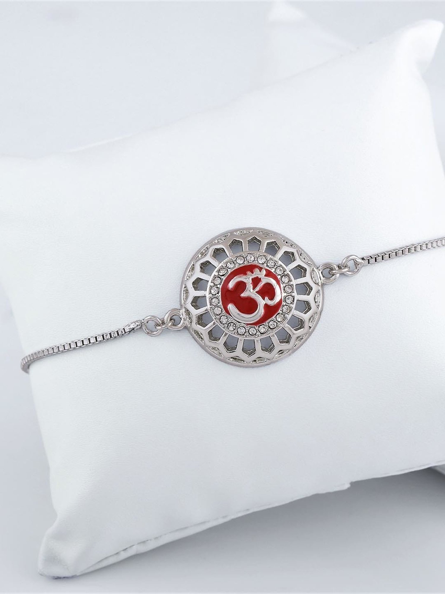 Estele Rhodium-Plated Red Enamel Om Bracelet with Crystals for Women