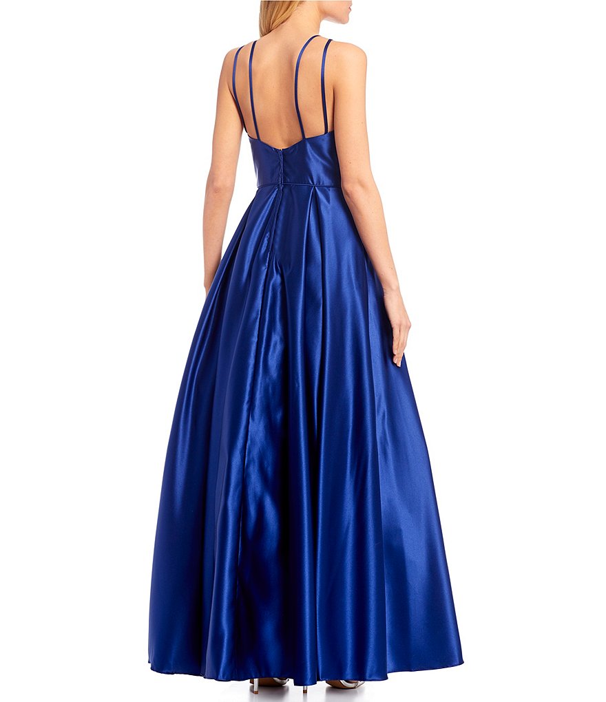 Blondie Nites Spaghetti Strap X-Front Embellished Pocket Satin Ball Gown
