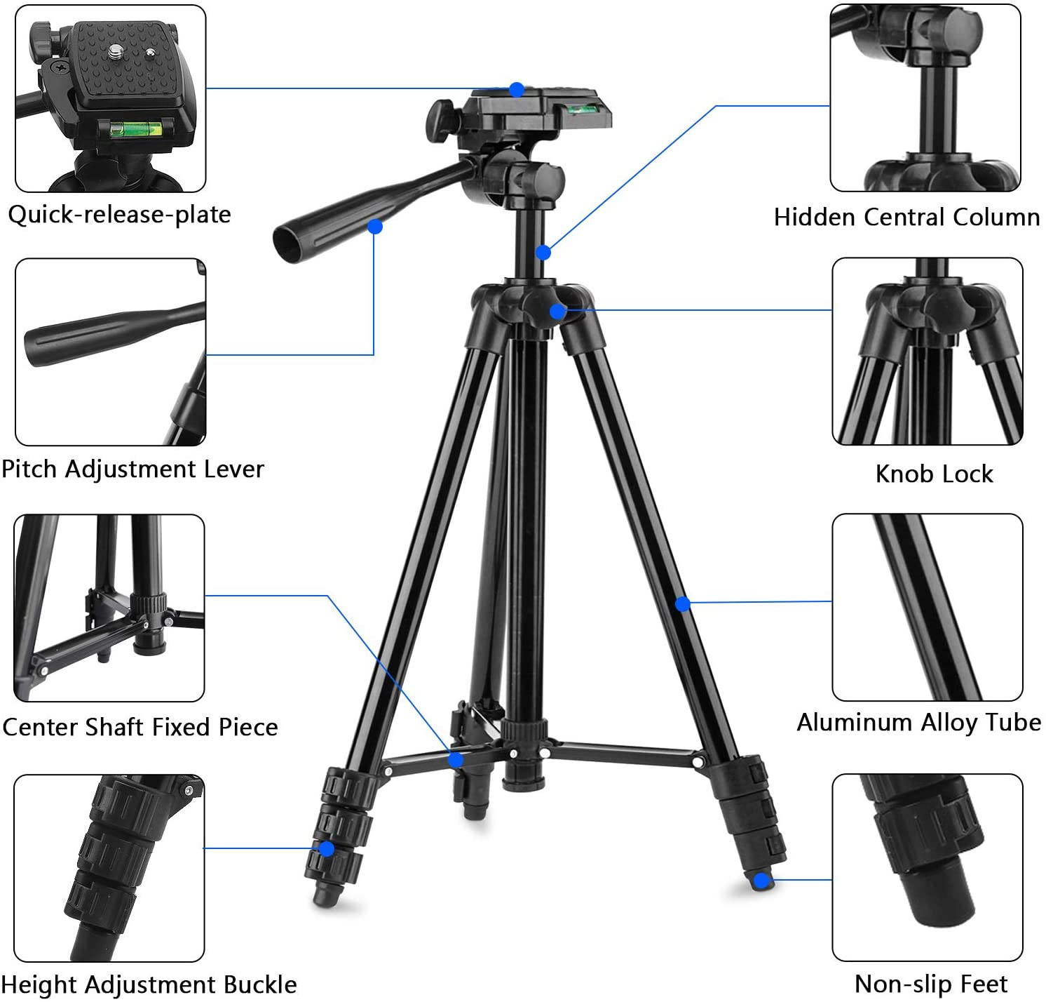 Compatible for iPad iPhone Tripod 55 Lightweight Aluminum Phone Camera Tablet Tripod + Wireless Remote + Universal 2 in 1 Mount Holder for Smartphone (Width 2.2-3.3)Tablet (Width 4.3-7.3)