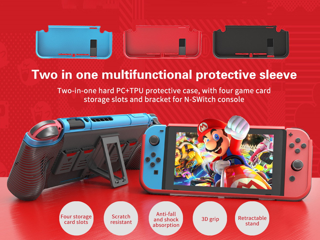 N-Switch 2-in-1 multi-function protective cover, PC+TPU protective cover, with four game card storage slots for N-Switch console bracket