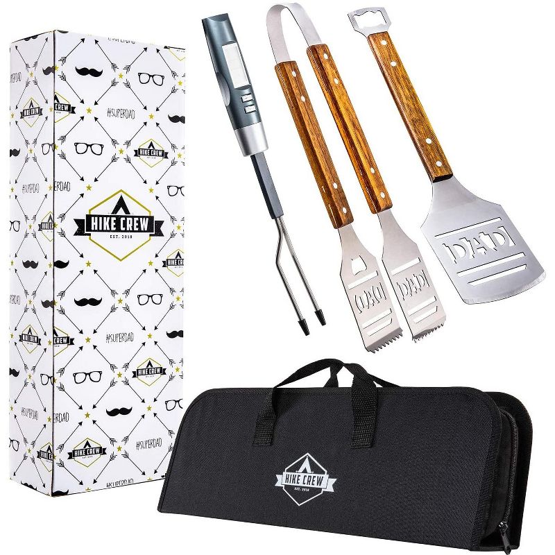 Hike Crew Dad BBQ Tools Gift Set &ndash; 4-Piece Grill Accessories Utensils Kit Perfect for Holiday, Birthday or Father&rsquo;s Day &ndash; Includes Tongs, Spatula, Digital Thermometer & Carrying Case (Gift Box)