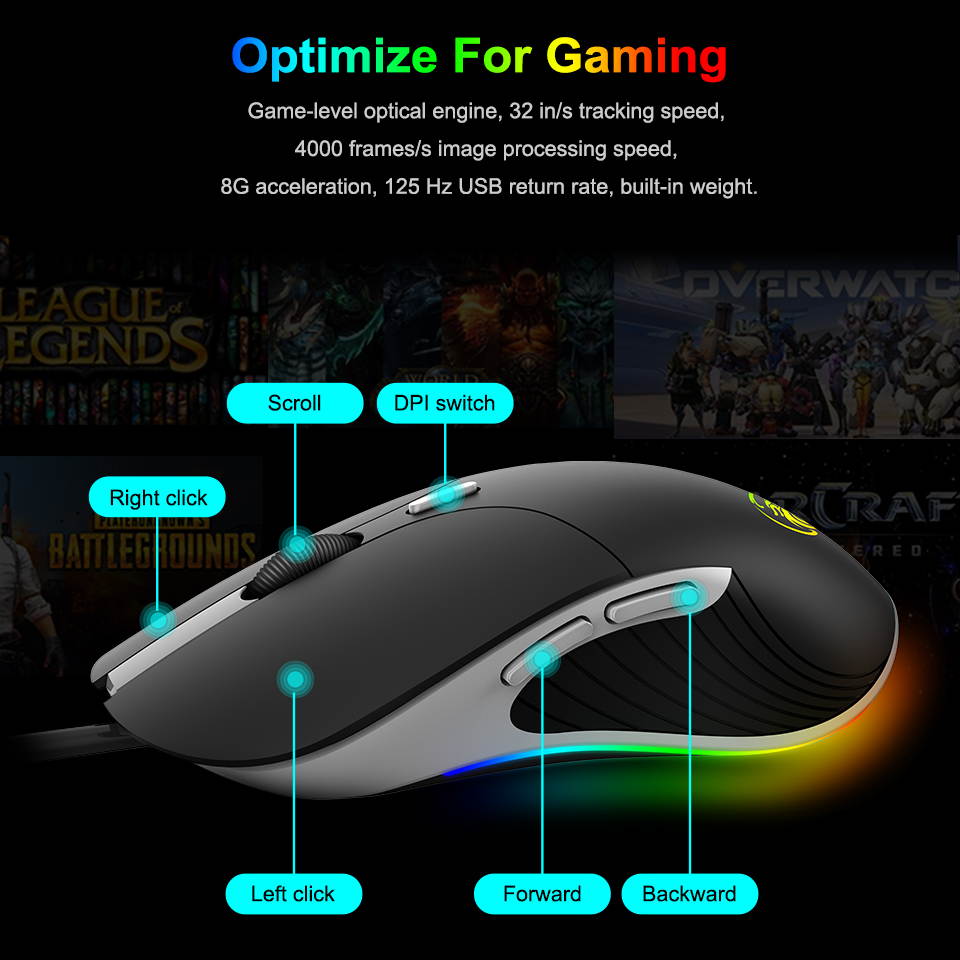 RGB Wired Gaming Mouse, Wired Mouse Gaming with Chroma RGB Lighting, 6 Programmable Buttons, 6400 DPI, Computer Mouse for Laptop, USB Mouse with 1.8m cable for Windows PC Gamer