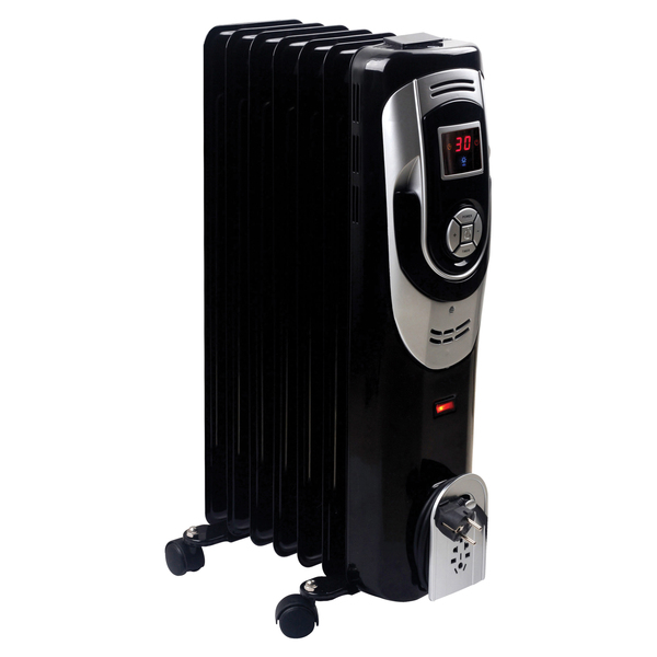 H-6015 3-Setting 1,500-Max 7-Fin Portable Oil-Filled Radiator Heater with Digital Display, Timer, Thermostat, and Wheels