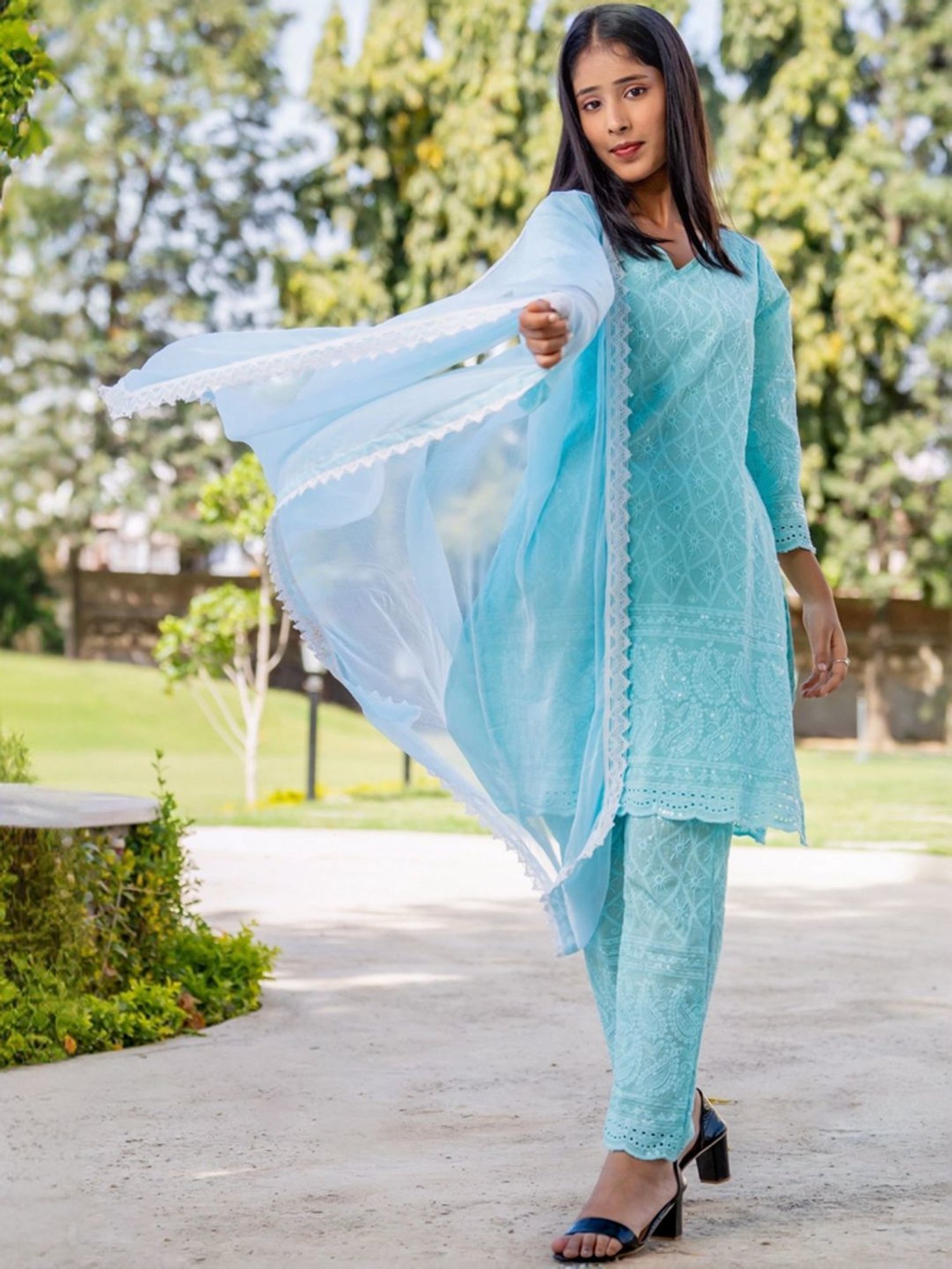 HOUSE OF JAMOTI Blue Cotton Embroidered Kurta Pant Set With Dupatta