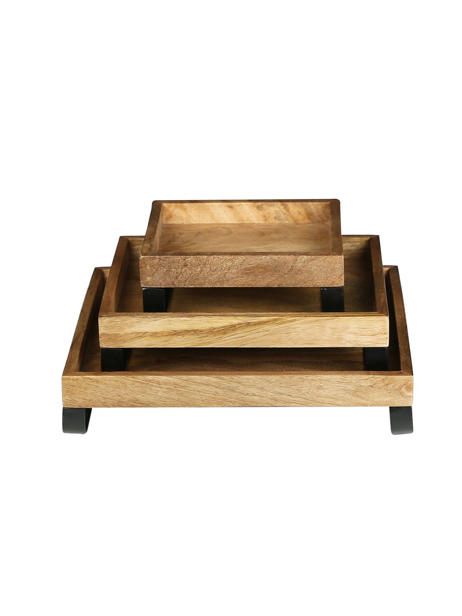 Crayton Mango Wood Serving Trays with Bottom Metal Handle - Set of 3