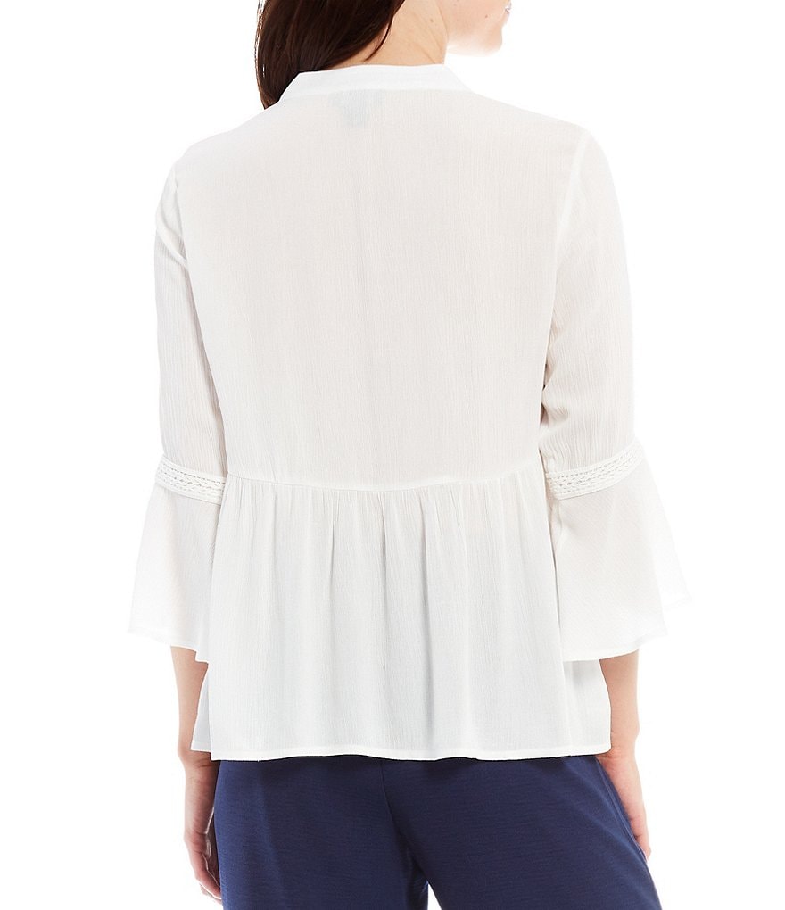 I.N. Studio Solid Crepon Scalloped Edge Trim Split V-Neck 3/4 Bell Sleeve Top