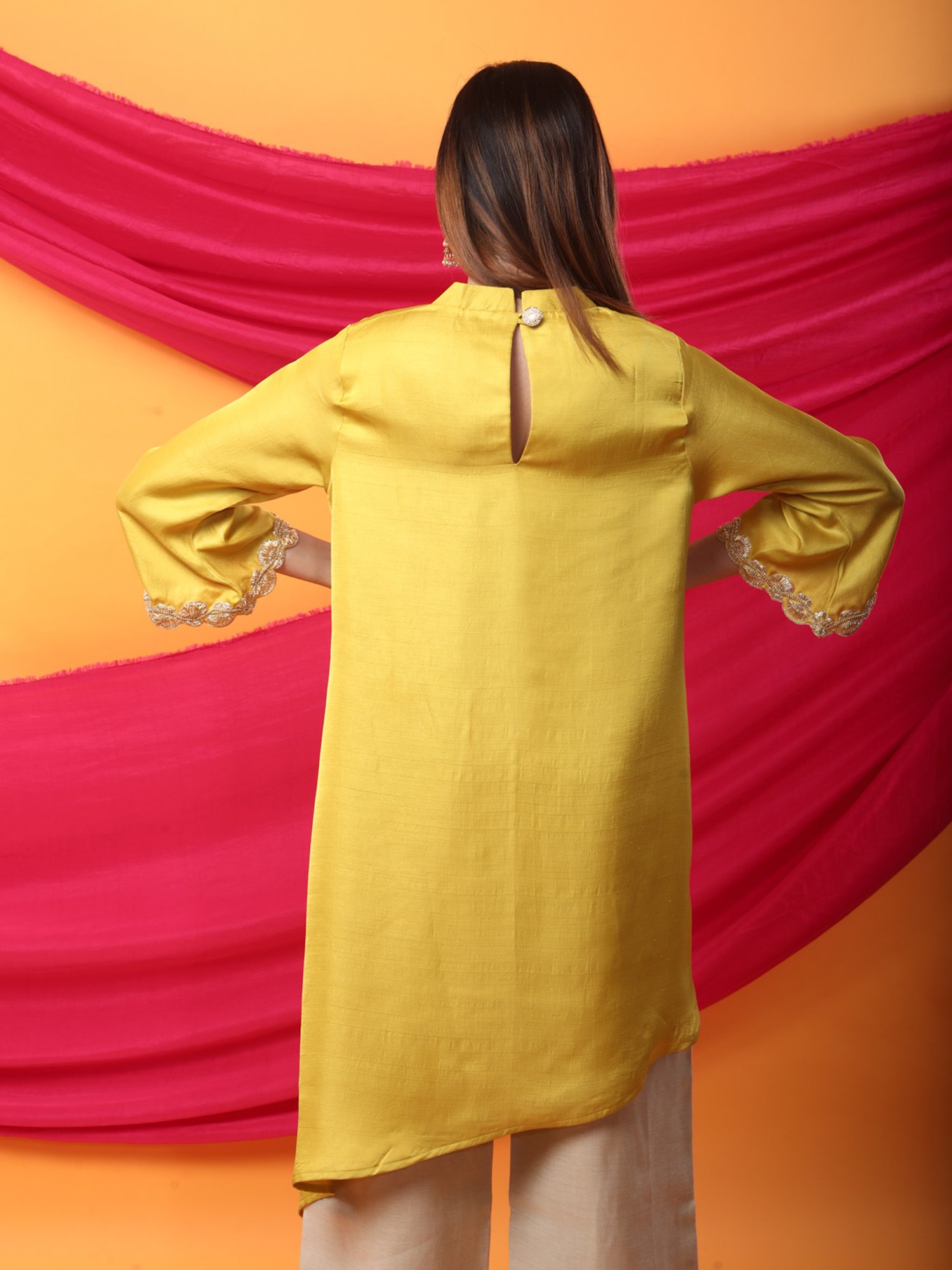 Monk & Mei Nusrat Assymetrical Kurta and Pant Co-ord Set-Canary Yellow and gold