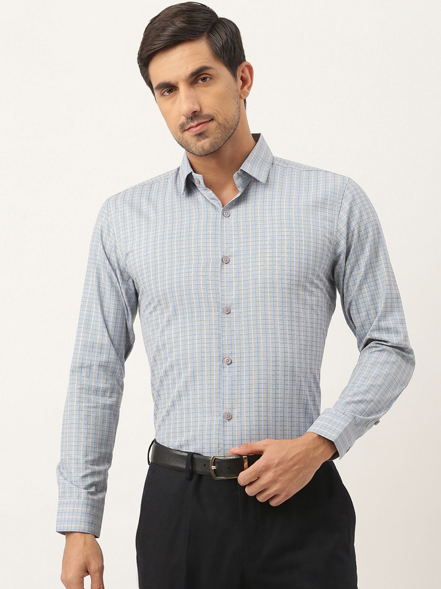 Sojanya Grey Cotton Regular Fit Checks Shirt
