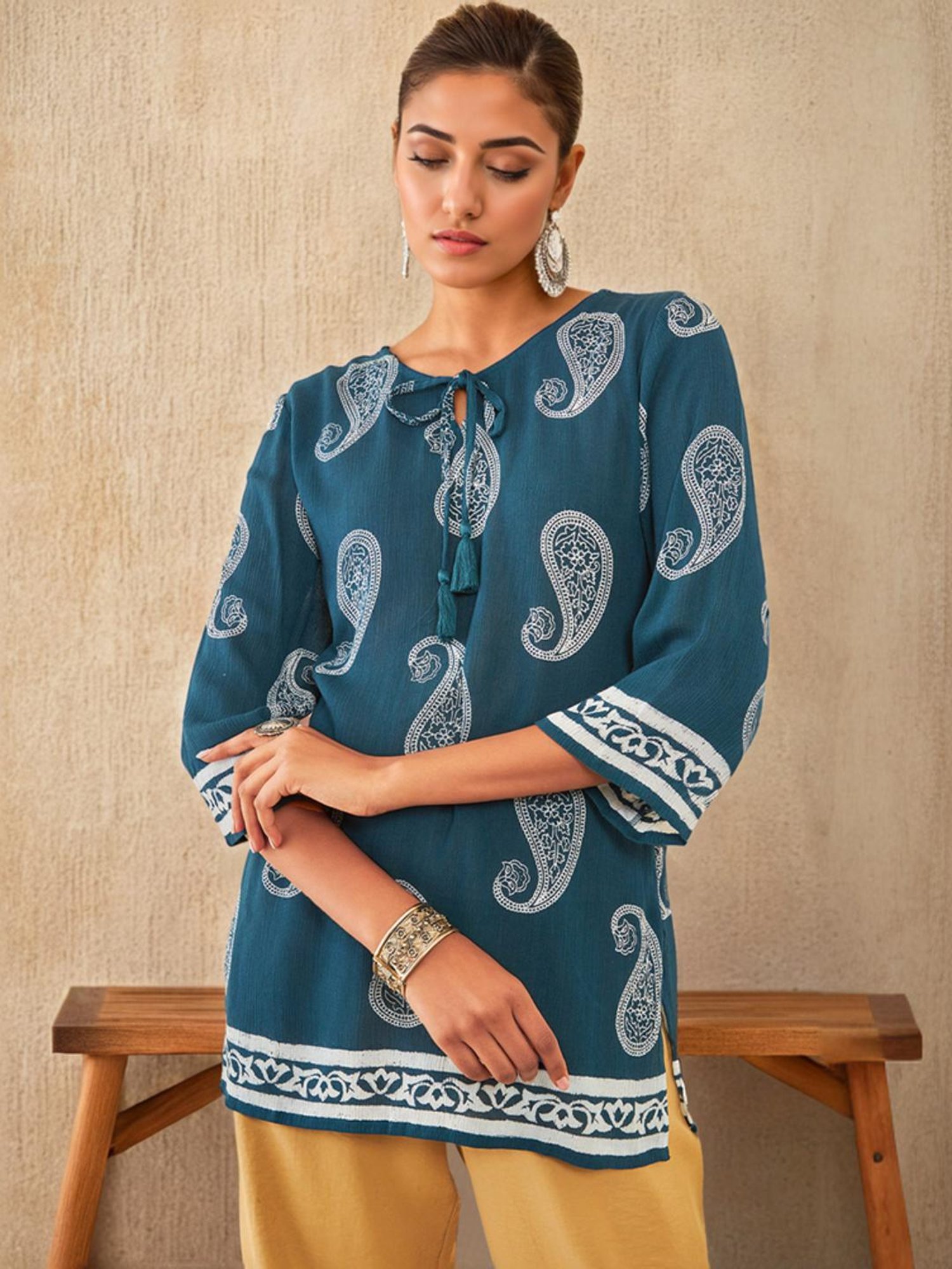 Soch Blue Crepe Paisley Printed Tunic With Tassels