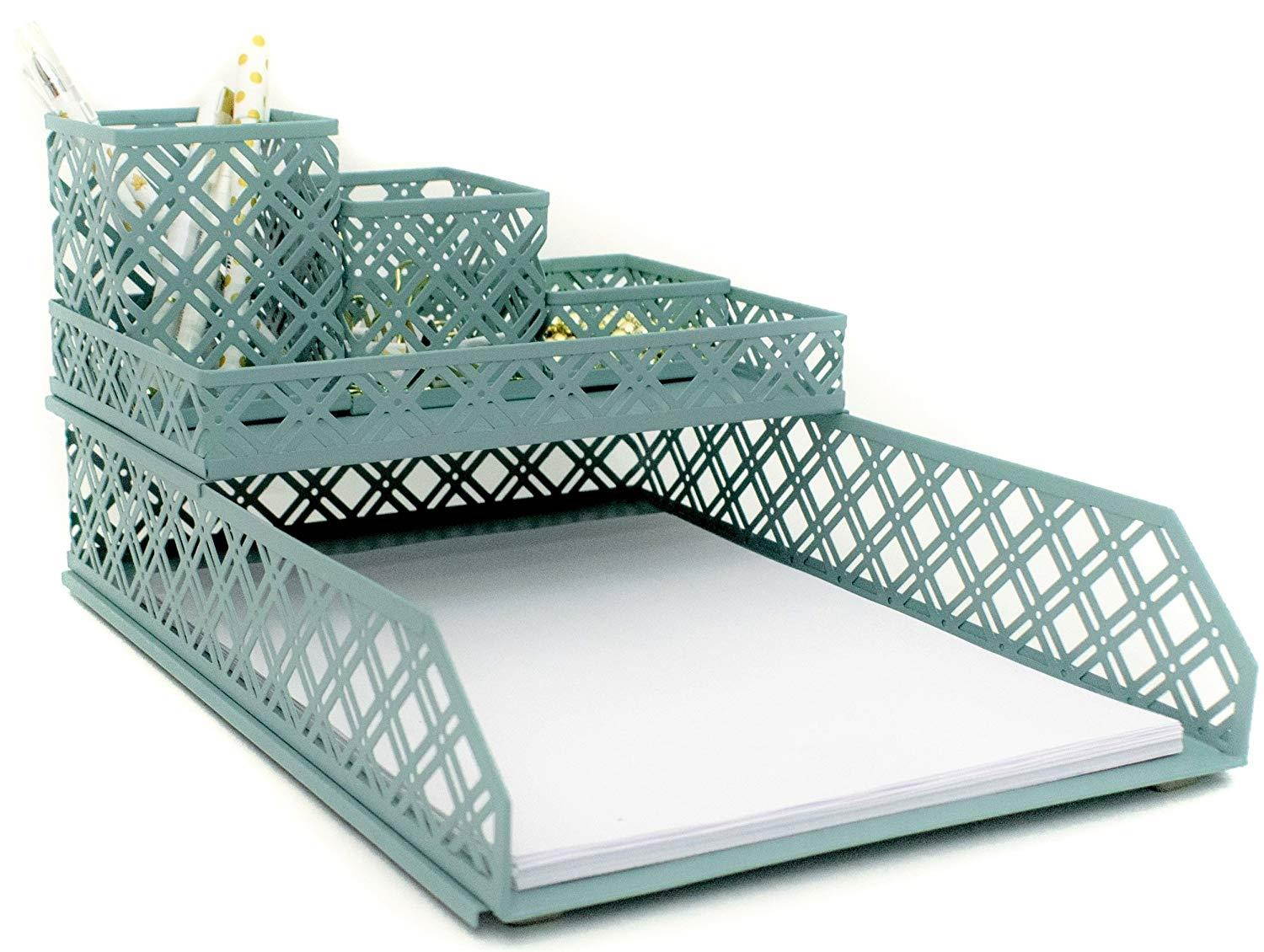 Blu Monaco Office Supplies Teal Blue Desk Organizers and Accessories-5 Piece Interlocking Cute Desk Organizer Set-Letter Tray-Pen Cup-3 Assorted Accessory Trays-Room Decor for Women and Teen Girls