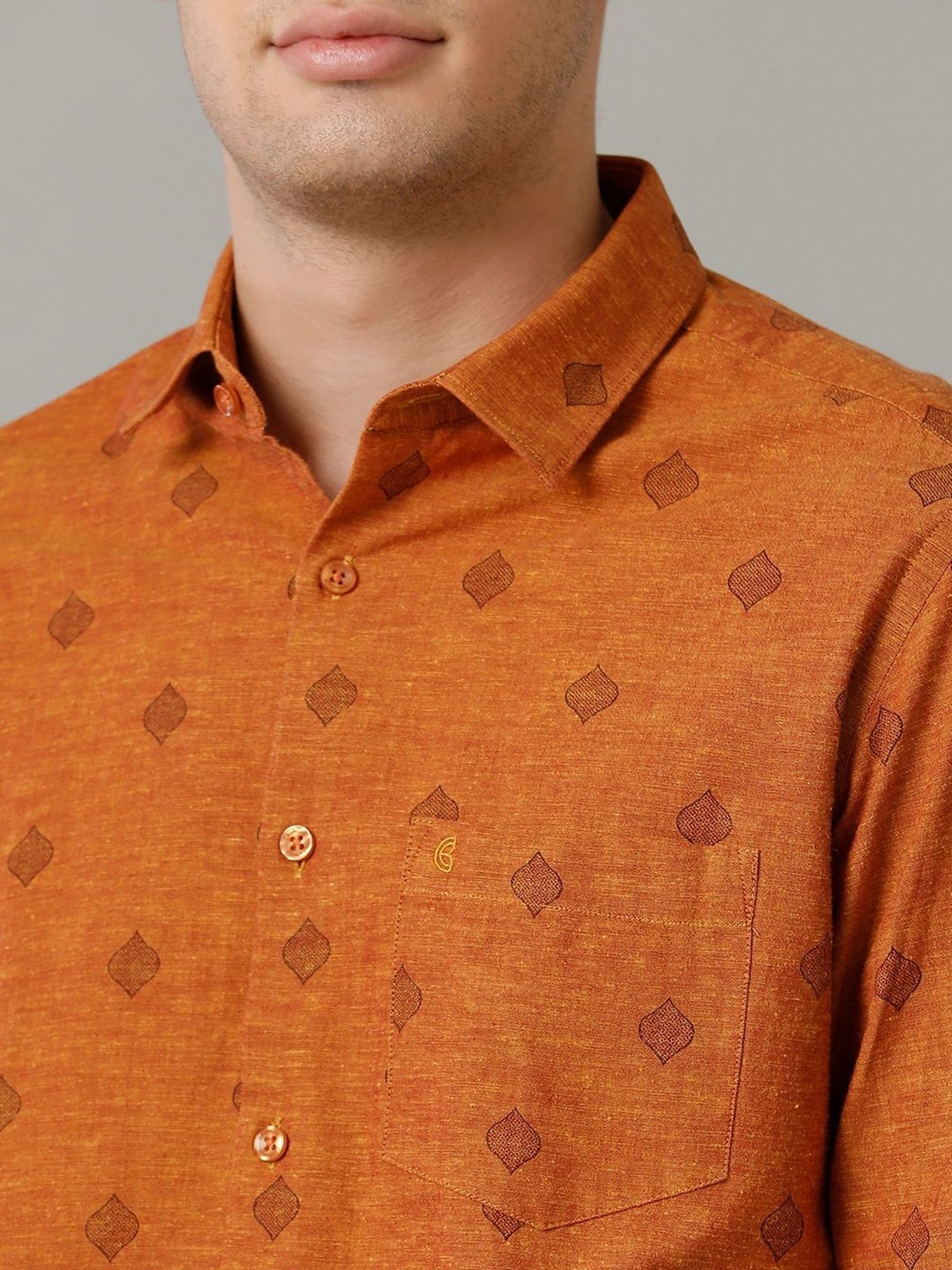 Cavallo By Linen Club Orange Linen Contemporary Fit Printed Shirt