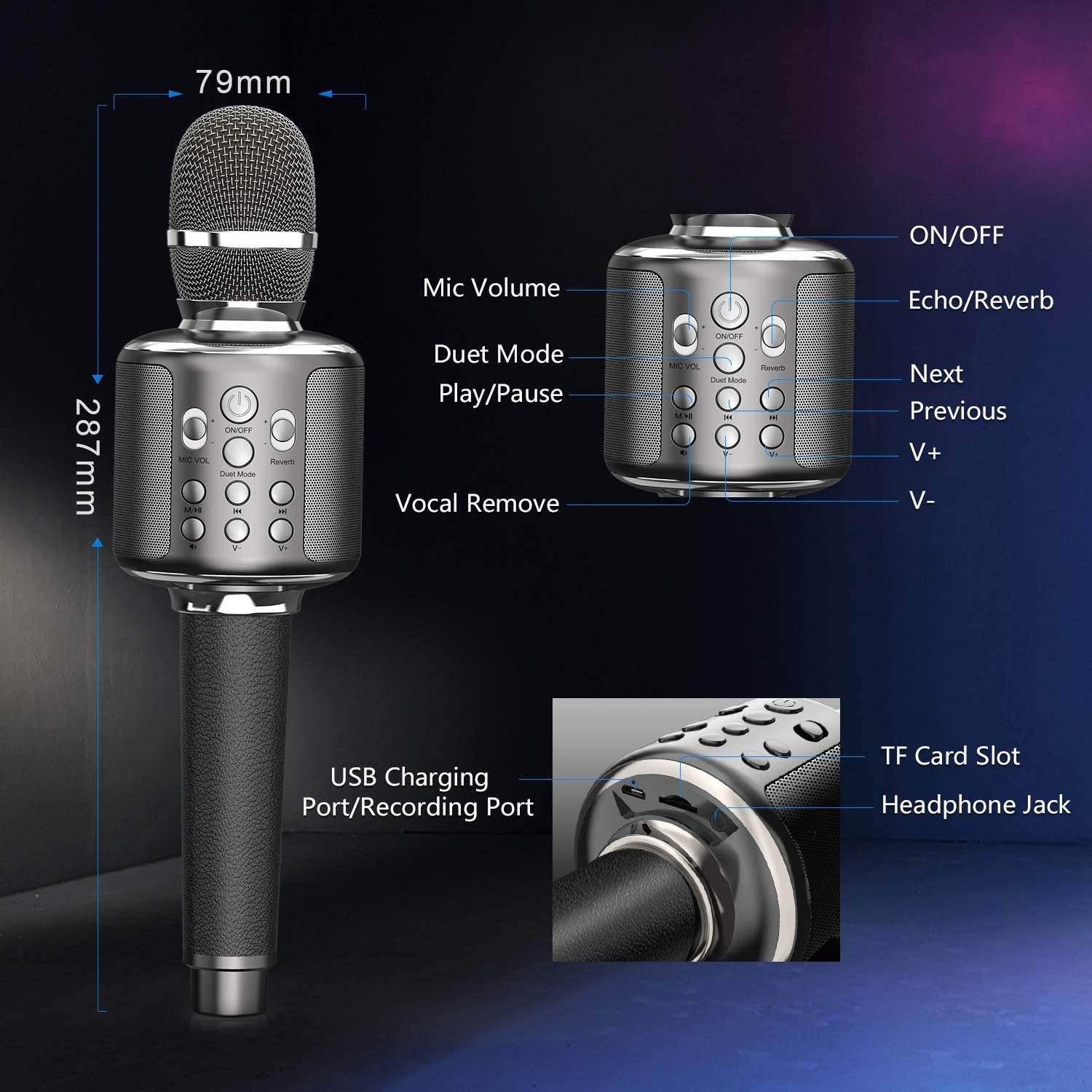 Karaoke Microphone Wireless Singing Machine with Bluetooth Speaker for Cell Phone/PC, Portable Handheld Mic Speaker Support Reverb/Duet