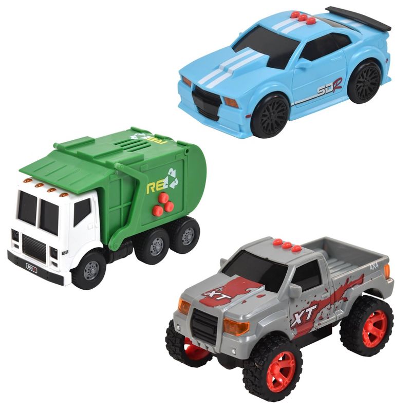 Maxx Action Mini City Lights & Sounds Vehicles  with Pickup Truck, Sports Car and Recycling Truck - 3pk