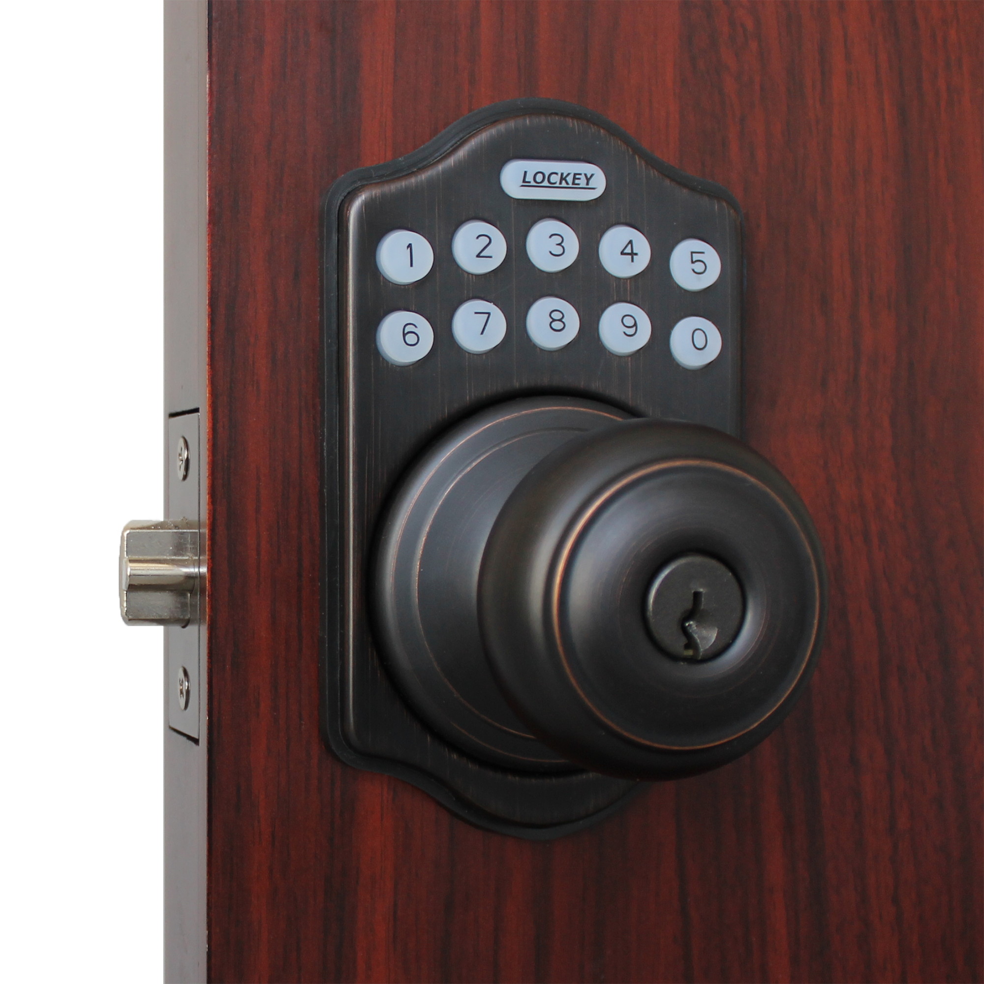 LockeyUSA E930AB Electronic Push Button Digital Door Lock, Access Control, Combination, Remote Capable, Keyless Knob Lock with Keypad Access in Antique Brass