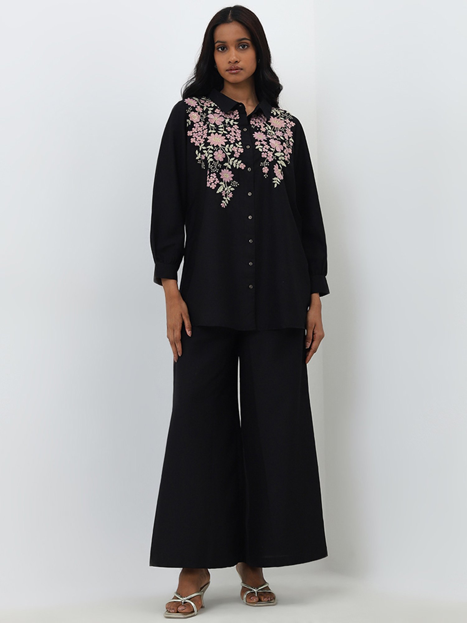 Vark by Westside Black Floral Embroidered Tunic and Palazzos Set