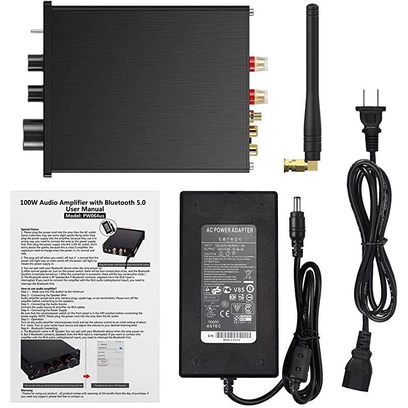 Bluetooth 50 Stereo Audio 2 Channel Amplifier Receiver Mini HiFi Class D Integrated Amp 20CH for Home Speakers 100W x 2 with Bass and Treble Control