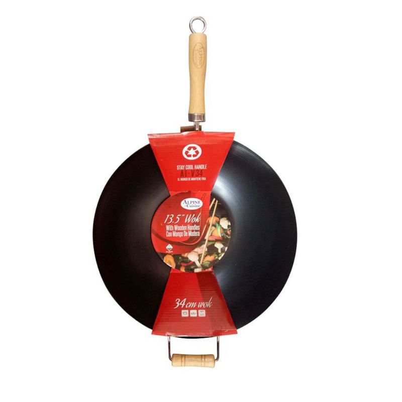 Alpine Cuisine AI-V34 13.5 Inch Carbon Steel Cooking Wok with Wood Handle, Black