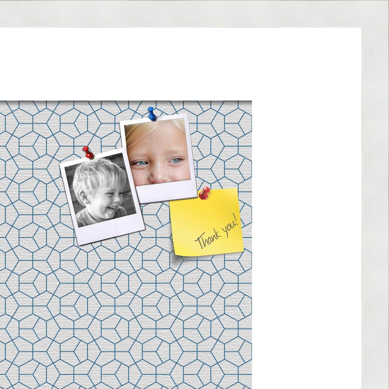 PinPix custom printed pin cork bulletin board made from canvas, Modeco Hex Navy 24x16 Inches (Completed Size) and framed in Satin White Frame (PinPix-Group-65)