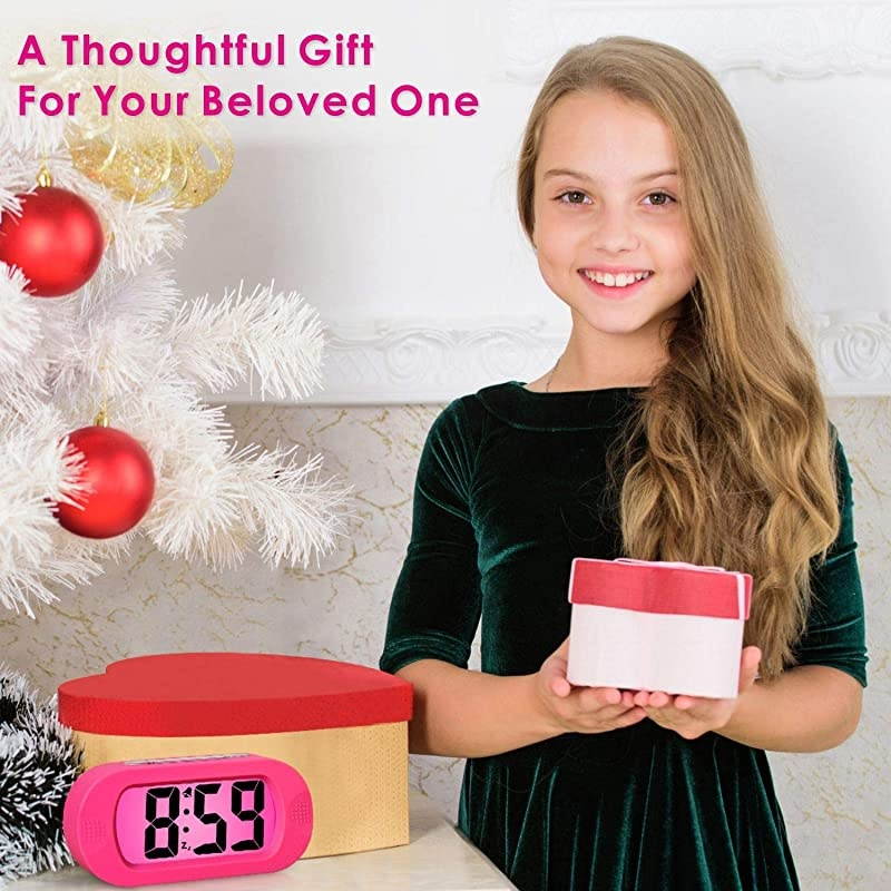 Kids Alarm Clock  Large Digital LCD Travel Alarm Clocks with Snooze and Night Light Ascending Sound and Handheld Sized Best Gift for Kids Pink