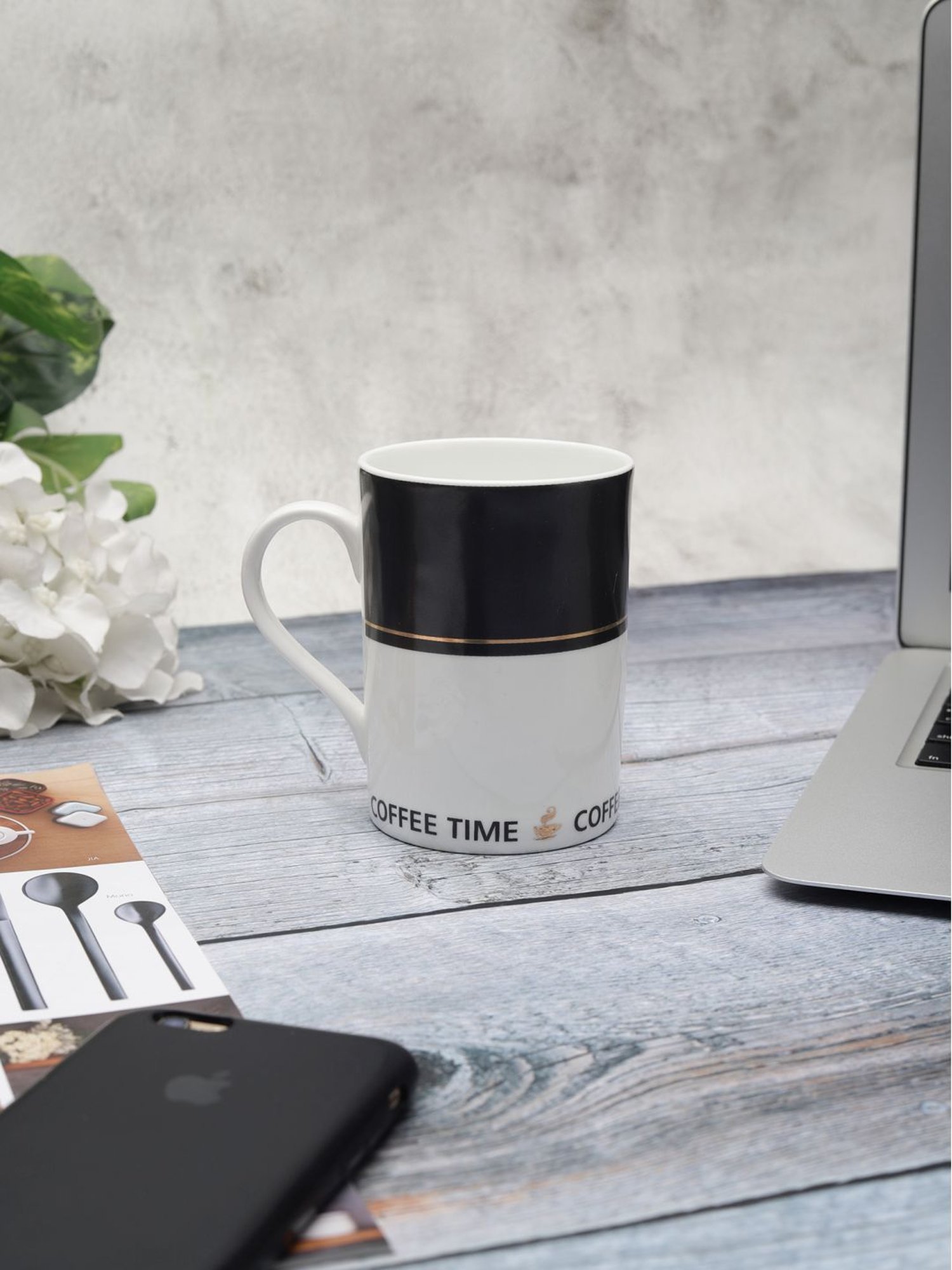 JCPL White & Black Ceramic Milk & Coffee Mug (0.33L) - Set of 1