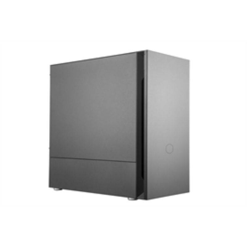 cooler master silencio s400 matx tower w/sounddampening material, sounddampened steel side panel, reversible front panel, sd card reader, and 2x 120mm pwm silencio fp fans