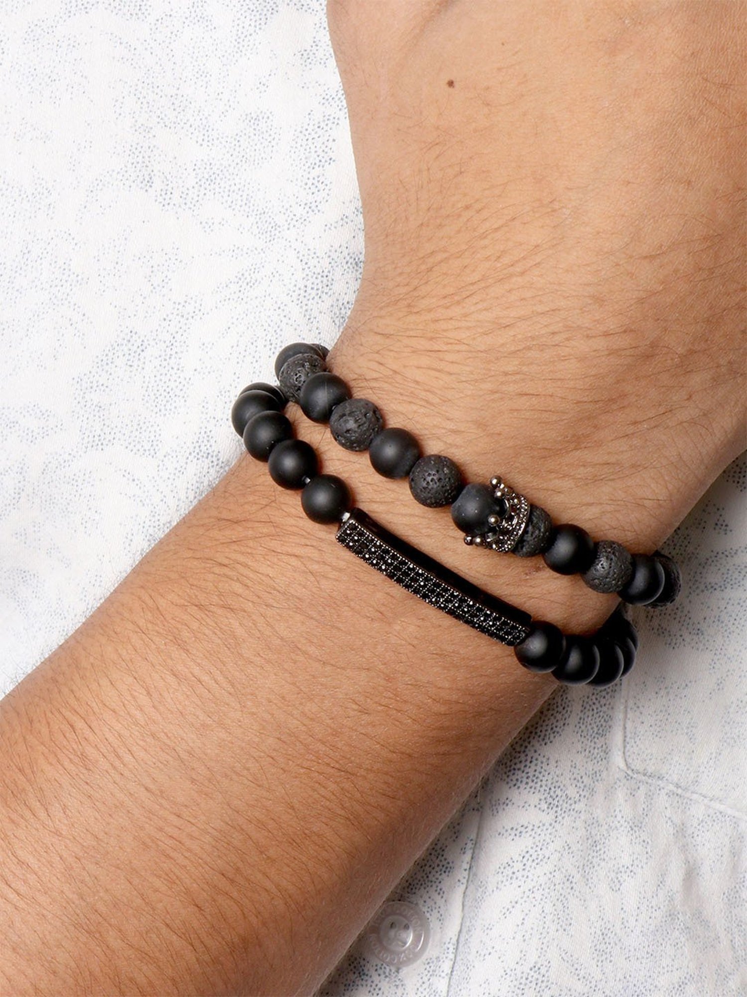 Joker & Witch All Black Noah Beaded Rhinestone Men's Flexible fit Bracelet - Set of 2