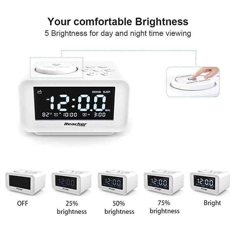 Dual Alarm Clocks Radio with Dimmer Dual USB Charging Ports 6 Wake up Sounds Adjustable Alarm Volume Snooze Thermometer Display FM Radio with Sleep Timer Small Size for BedroomsWhite