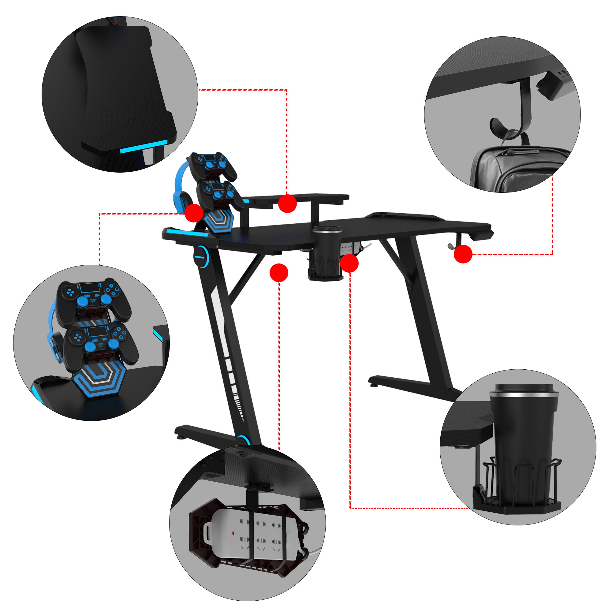 TakeIt Gaming Desk Z-Shaped Computer Desk 47" Gamer Workstation with Monitor Stand & Carbon Fiber Surface Gamer Table with RGB Lights Cup Holder Headphone Hook & Plug Board Holder
