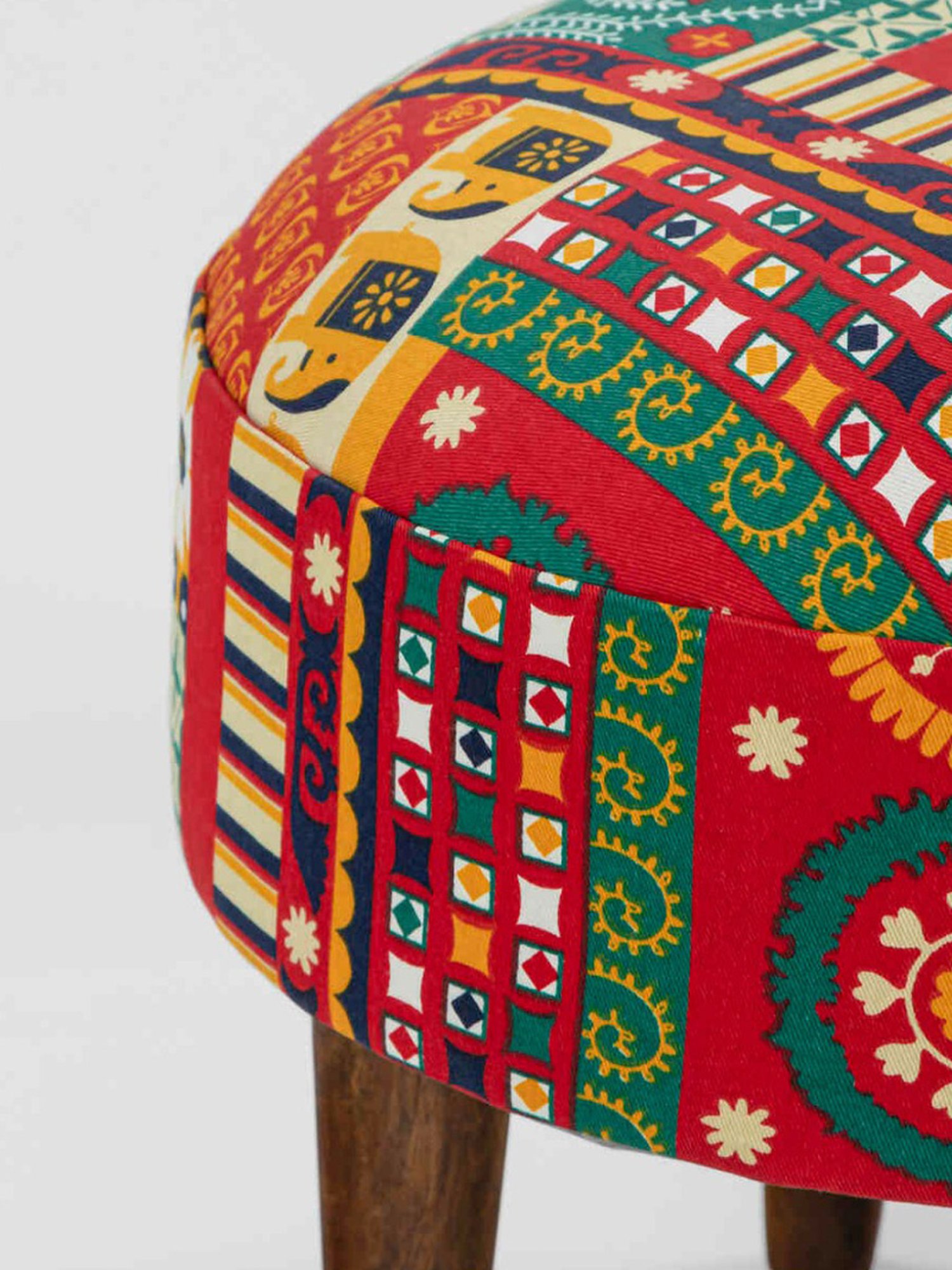 Chumbak Begum Swirls Ikat Red Wood Foot Rest Ottoman