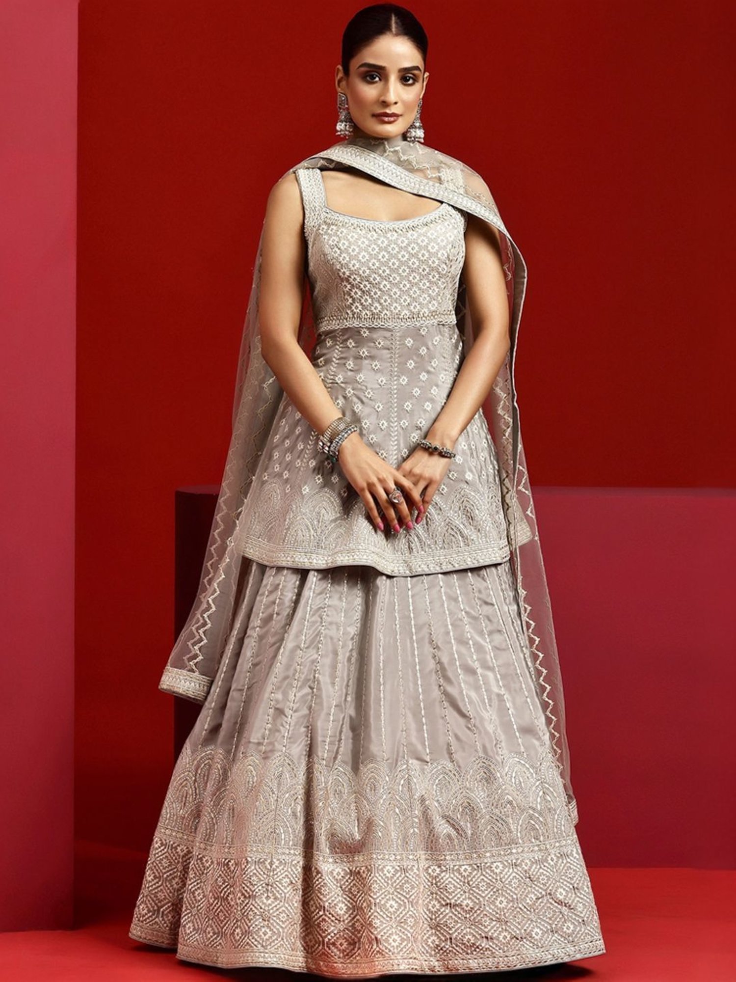 Libas Art Grey Embroidered Lehenga Choli Set With Dupatta