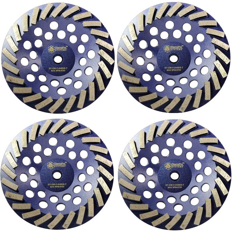 DiamaPro Systems Threaded 7 Inch 24 Segment Turbo Concrete Grinding Cup Wheel for Grinding, Leveling, & Removing Glue/Coating (4 Pack)