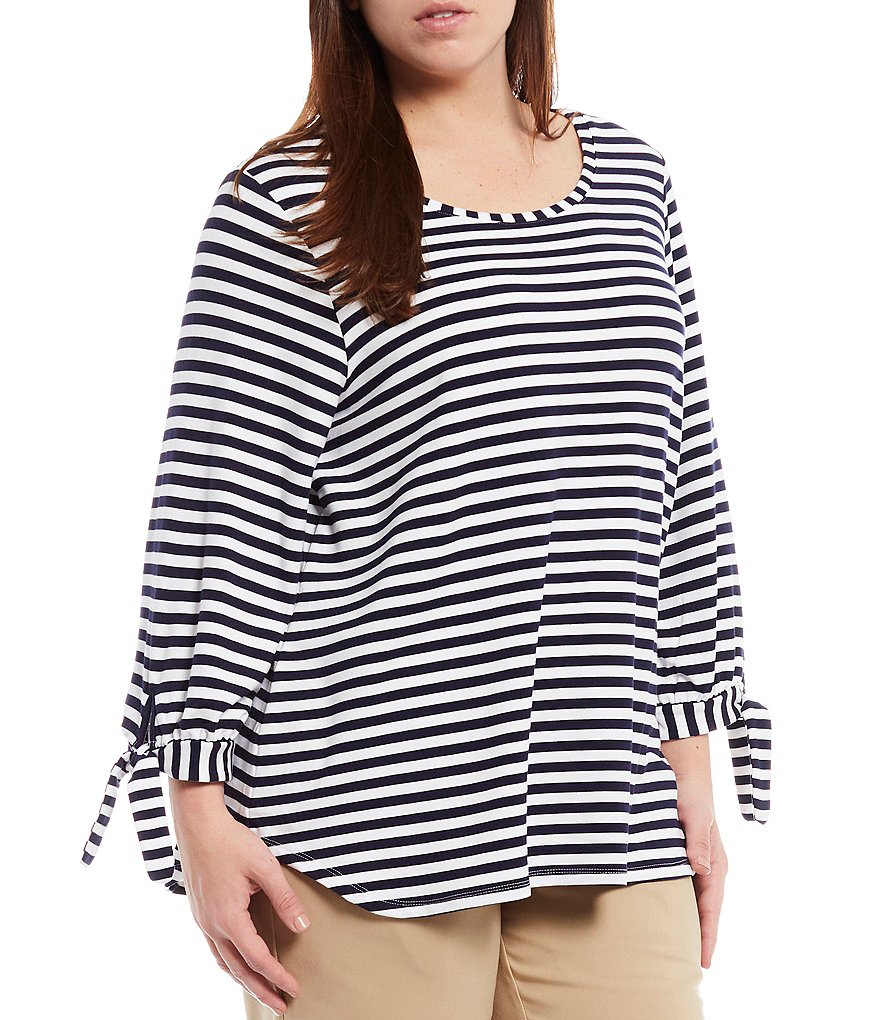 Ruby Rd. Plus Size Stripe French Terry Scoop Neck Tie Cuff 3/4 Sleeve Pullover