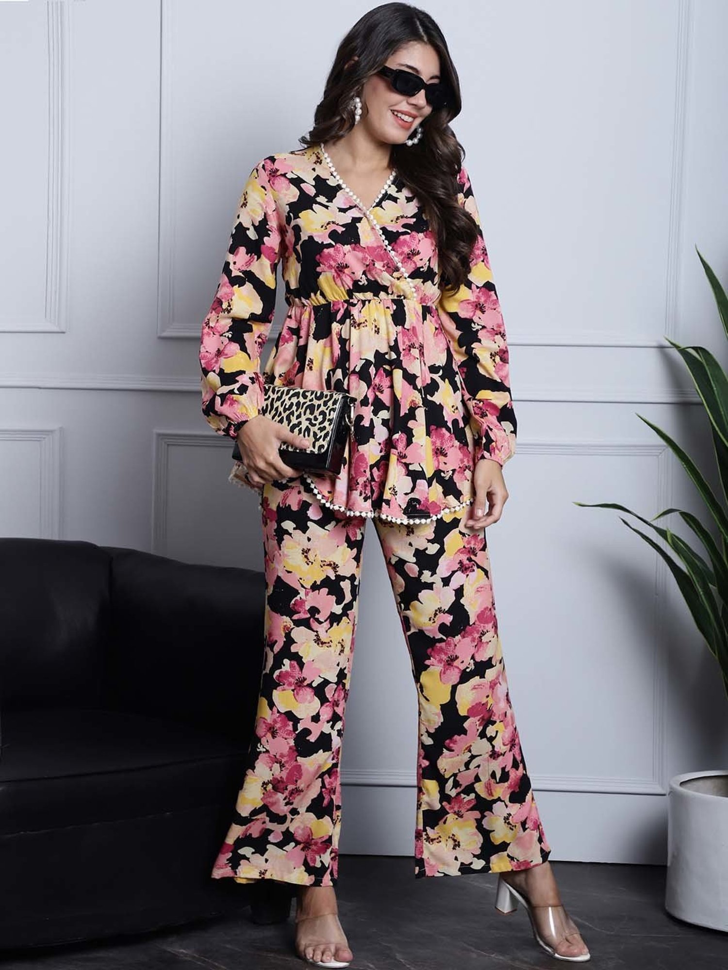 Claura Multicolored Floral Print Top Pant Set