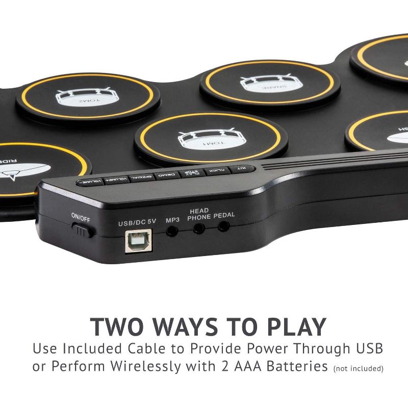 Ivation Portable Electronic Drum Pad - Digital Roll-Up Touch Sensitive Drum Practice Kit - 7 Labeled Pads 2 Foot Pedals Kids Children Beginners (No Speakers/AAA Battery Operated)