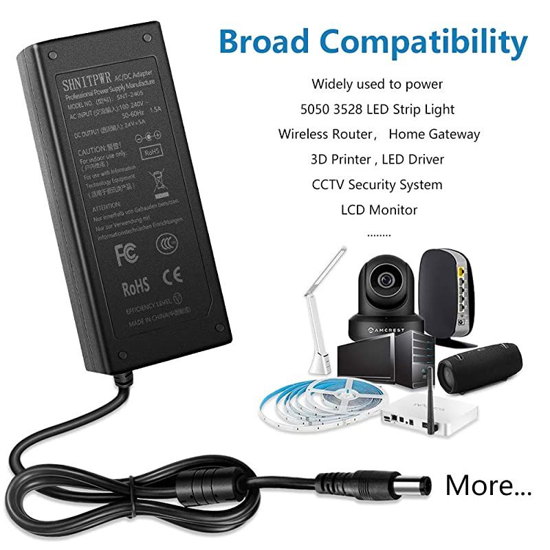 24V DC Power Supply 24 Volt 5A 120W Power Adapter 100V~240V AC to DC Converter Transformer 55x25mm Plug for 5050 3528 LED Strip Light 3D Printer LED Driver CCTV Security System LCD Monitor