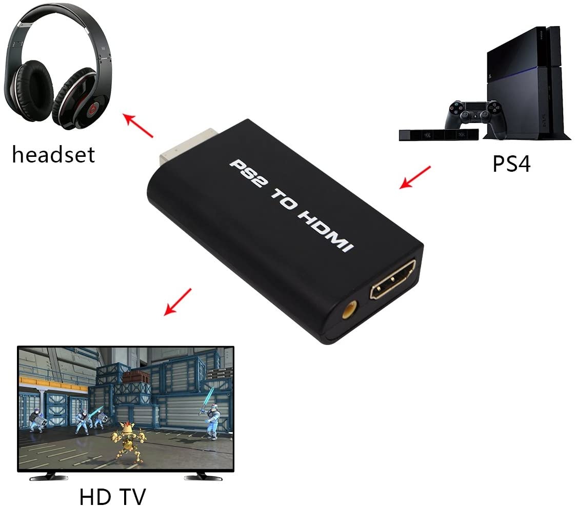 HDSUNWSTD PS2 to HDMI 480i/480p/576i Audio Video Converter Adapter with 3.5mm Audio Output Supports All PS2 Display Modes for HDTV HDMI Monitor