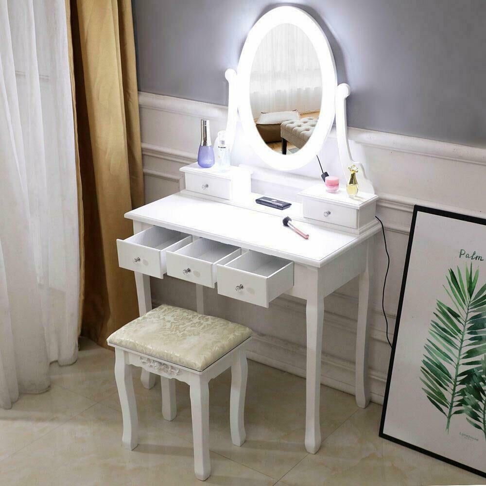 Makeup Dressing Table Vanity Set With Mirror 10 Led Lights for Bedroom White