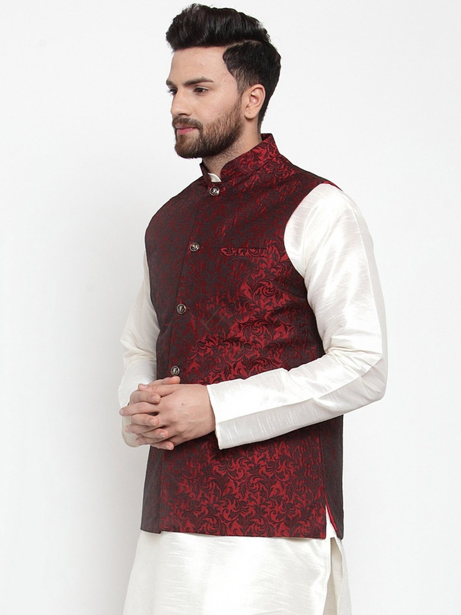 Jompers Maroon Cotton Regular Fit Embroidered Nehru Jacket