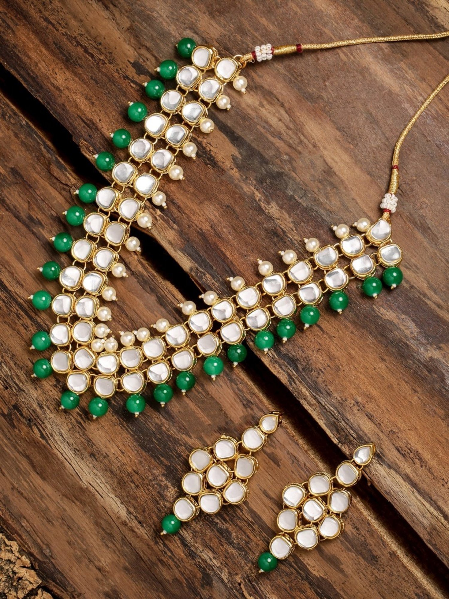 Zaveri Pearls Kundan & Green Beads Elegant Necklace & Earring Set-ZPFK9171