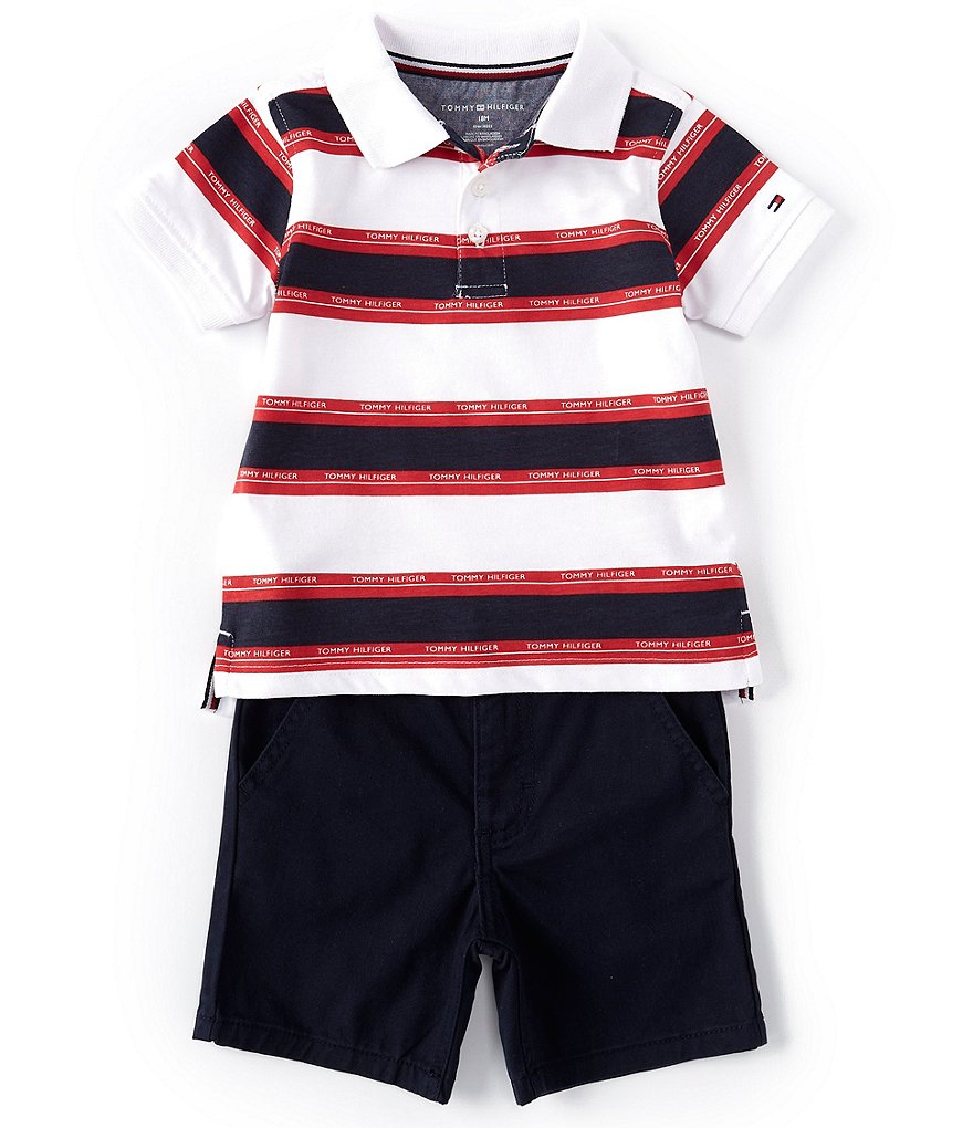 Tommy Hilfiger Baby Boys 12-24 Months Short-Sleeve Striped Polo Shirt & Microsueded Twill Shorts Set