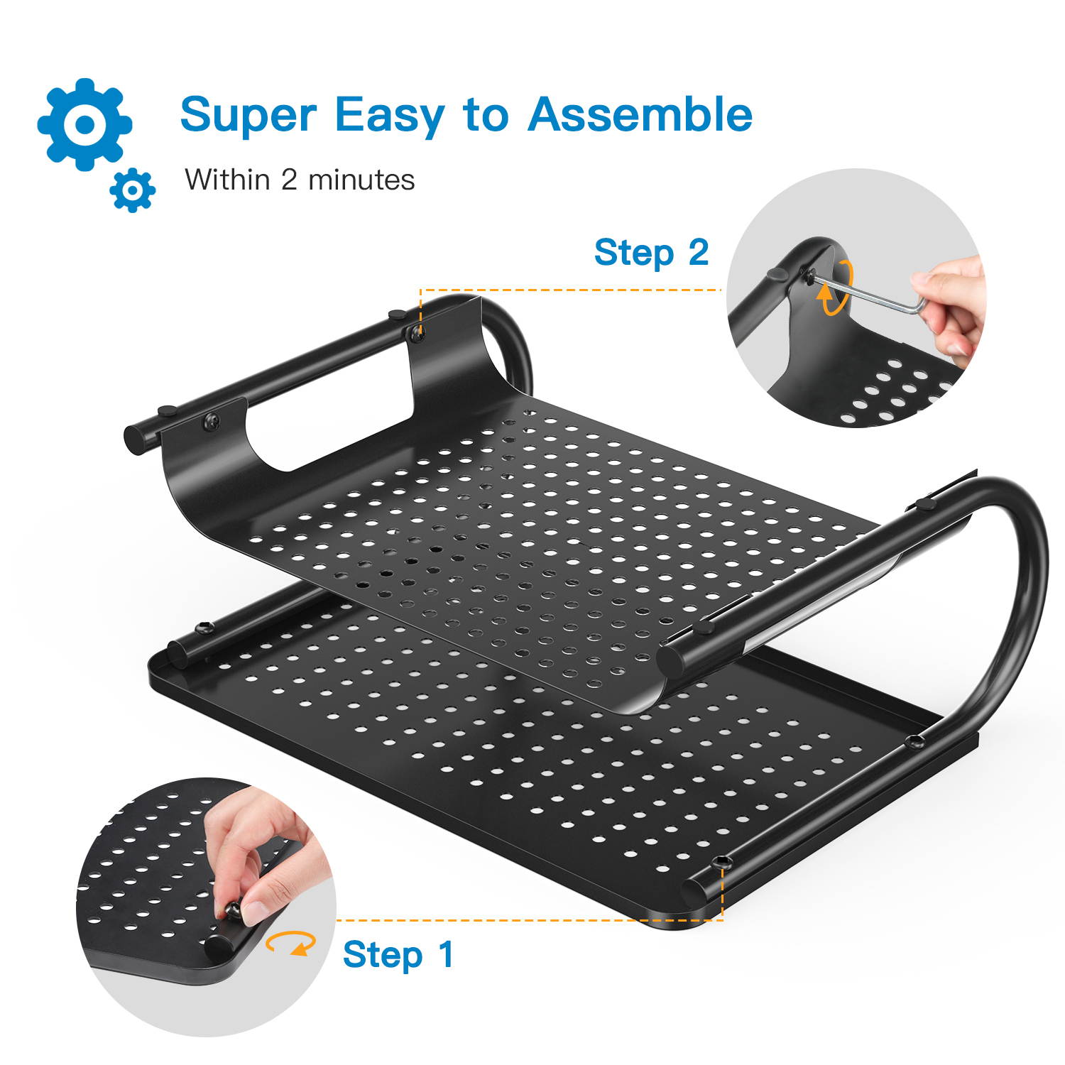 Monitor Stand Riser with Vented Metal Base, 2 Tier Desk Organizer Stand for Laptop Computer, Desktop Printer Stand with Anti-Slip Pads Holds 44lbs, Versatile as Storage Shelf & Screen Holder by HUANUO