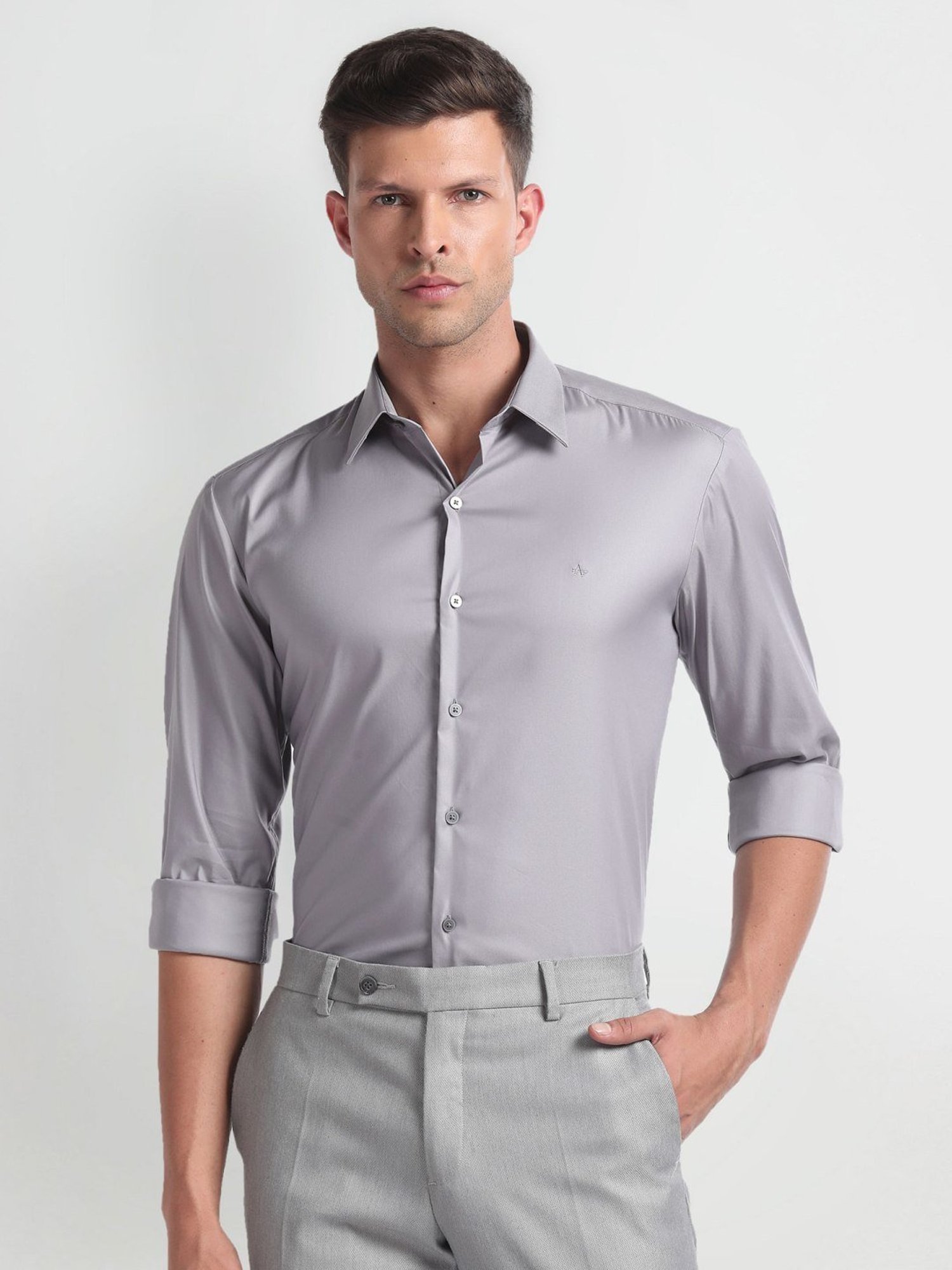 Arrow Newyork Grey Cotton Slim Fit Shirt