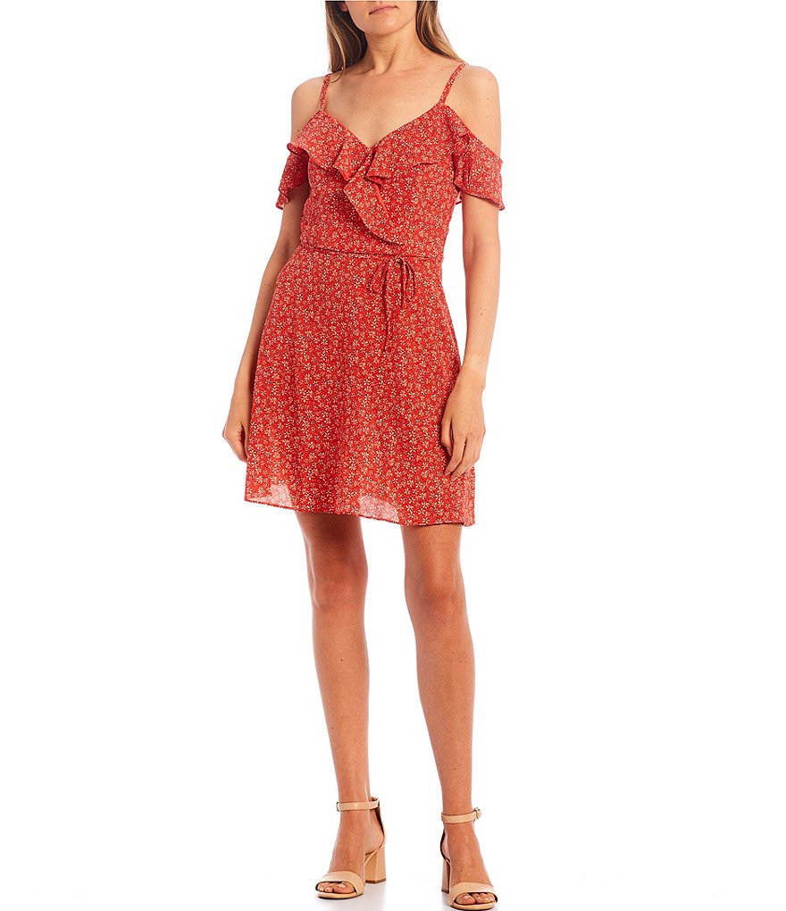 I.N. San Francisco Cold-Shoulder Ruffle Ditsy Print Dress