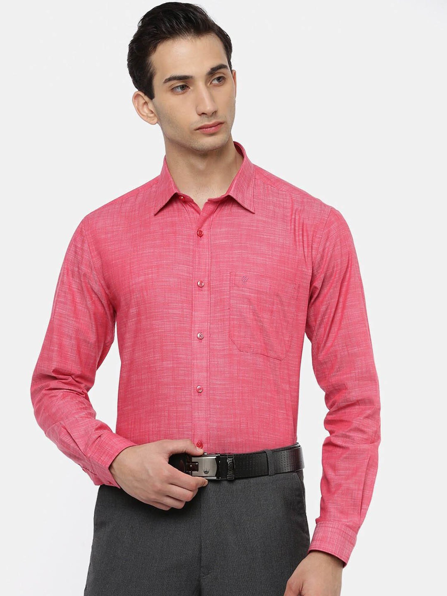 Ramraj Mid Red Cotton Slim Fit Self Pattern Shirt