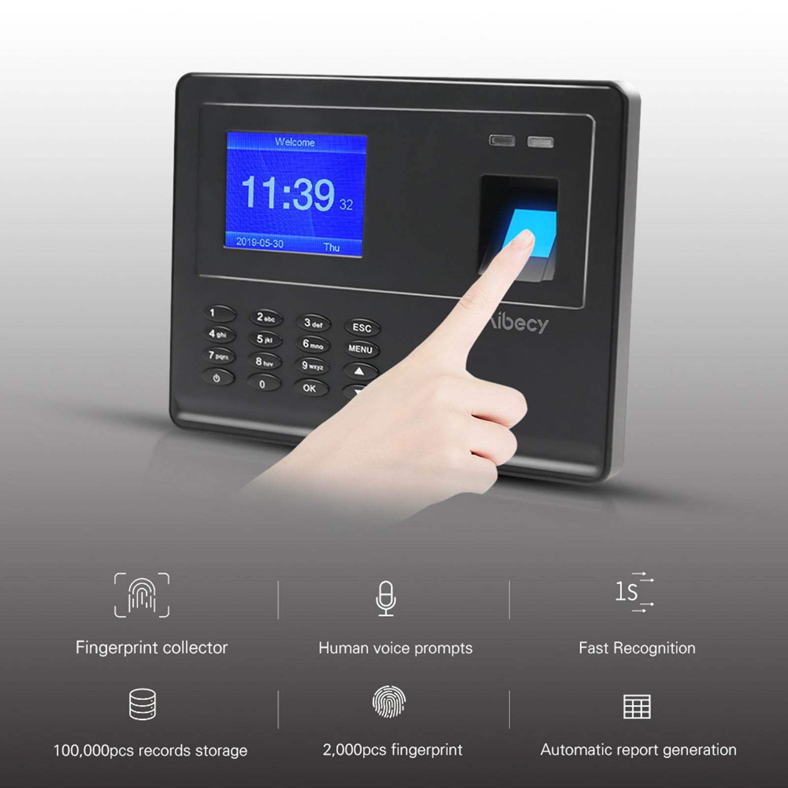 Aibecy Biometric Fingerprint Password Time Attendace Machine Employee Checking-in Time Clock Recorder Reader with 2.8 Inch TFT Screen Multi-language Built-in Battery Support USB Disk Data Download