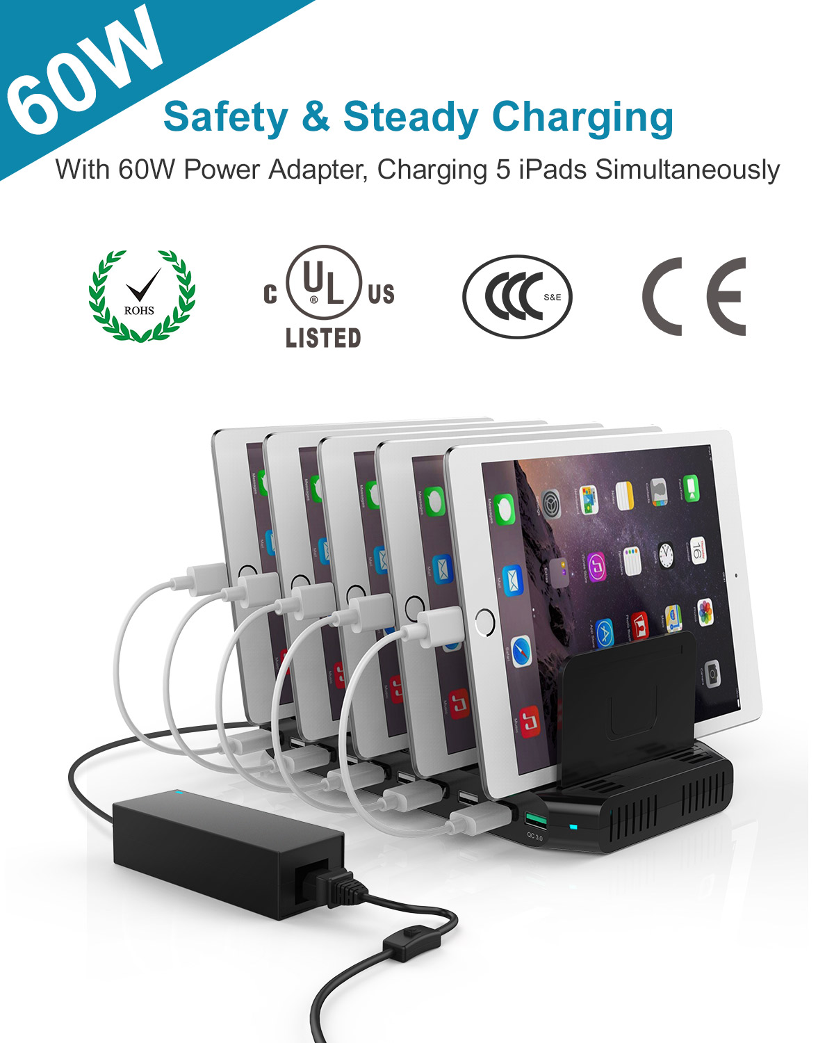 Unitek Fast Charging Station with Quick Charge 3.0, Multi USB Charger Station for Multiple Devices, iPhone, iPad, Tablet, Kindle-Black(UL Certified)