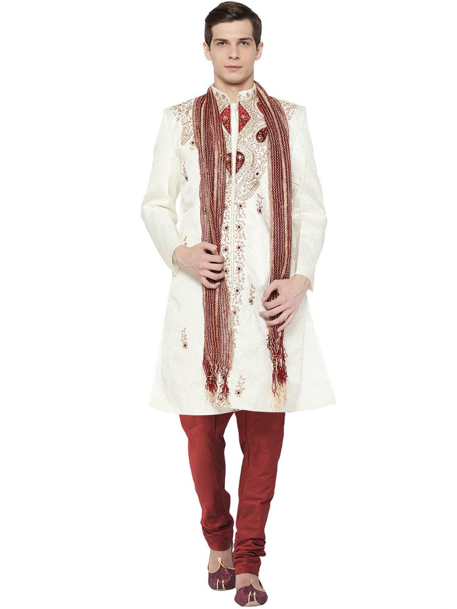 SG LEMAN Cream Regular Fit Embellished Sherwani Set