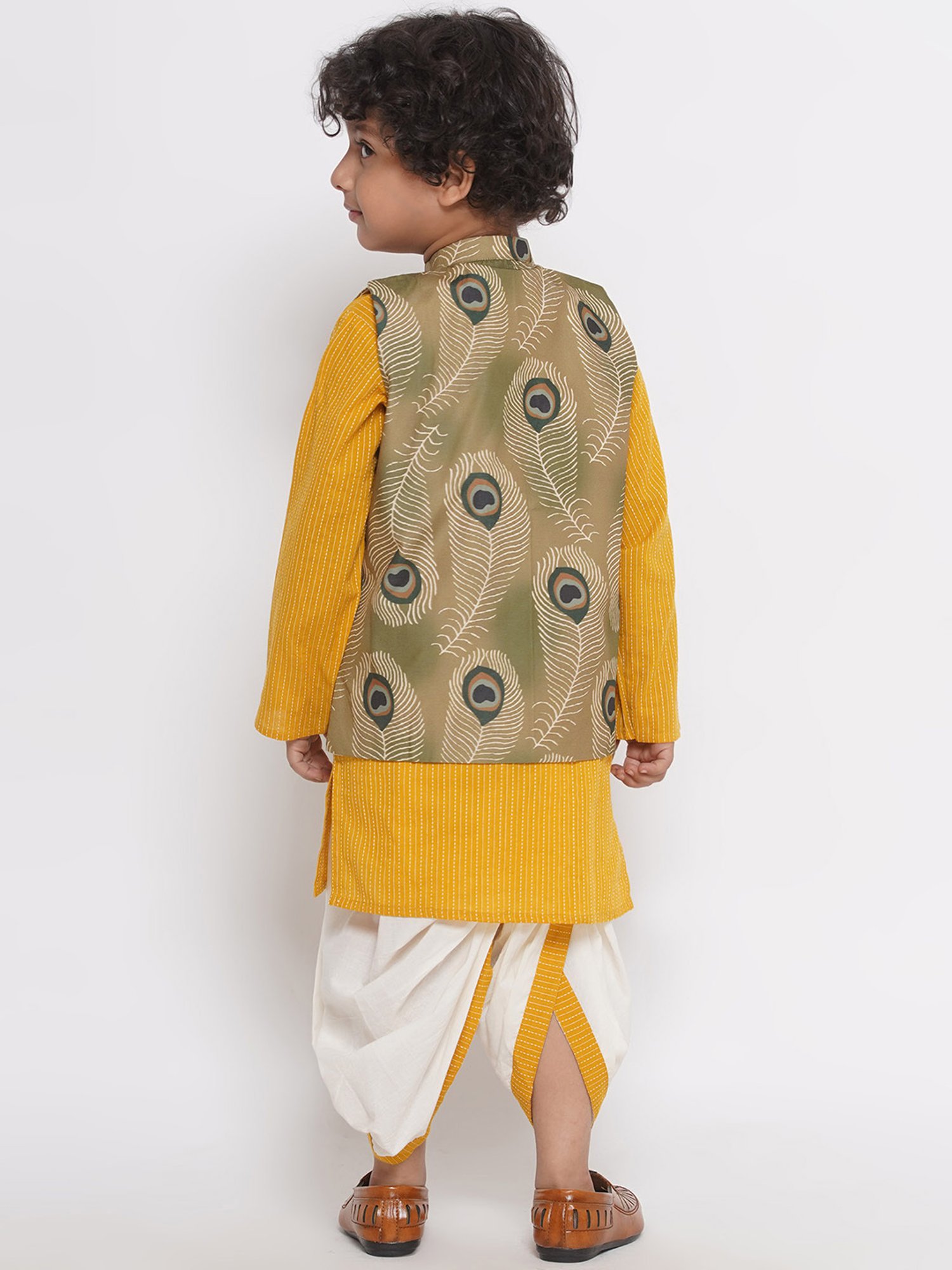 Little Bansi Kids Multicolor Printed Full Sleeves Kurta, Dhoti with Jacket